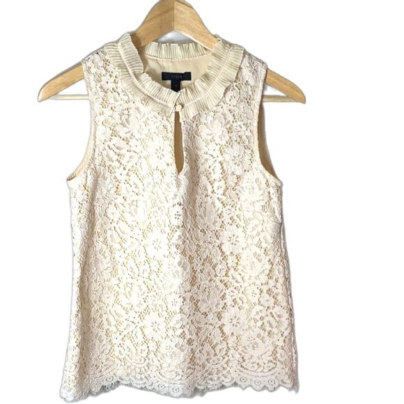 J. Crew Cream Lace Keyhole Ruffle Neck Sleeveless Blouse Size XS - Picture 2 of 14